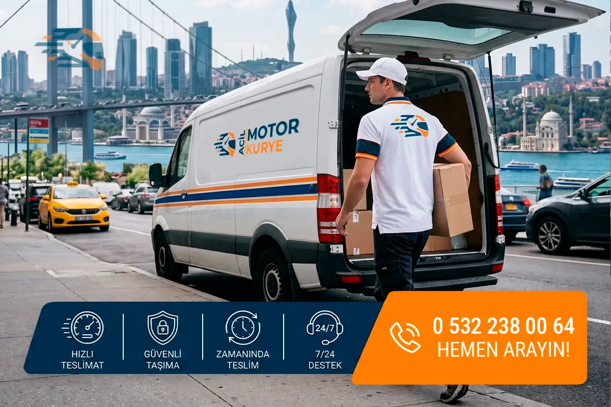 İstanbul manzarasında, kurumsal logolu beyaz panelvan dağıtım aracının arkasından karton koli paketleri taşıyan şapkalı ve üniformalı profesyonel araçlı kurye sürücüsü.