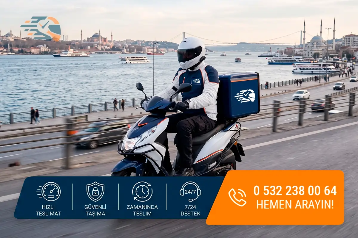 İstanbul sahil şeridinde, arkasında kurumsal logolu taşıma çantası bulunan kasklı ve korumalı kıyafetli profesyonel moto kuryenin motosiklet üzerinde hareket halindeki görüntüsü.