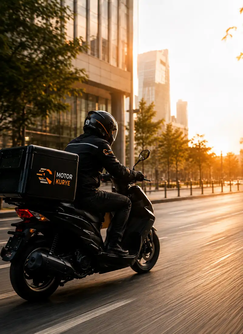 Gün batımında gökdelenlerin ve modern iş merkezlerinin yer aldığı şehir içi yolda, arkasında kurumsal logolu siyah taşıma kutusu bulunan kasklı profesyonel İstanbul motorlu kurye sürücüsünün motosiklet üzerindeki hareket hali.